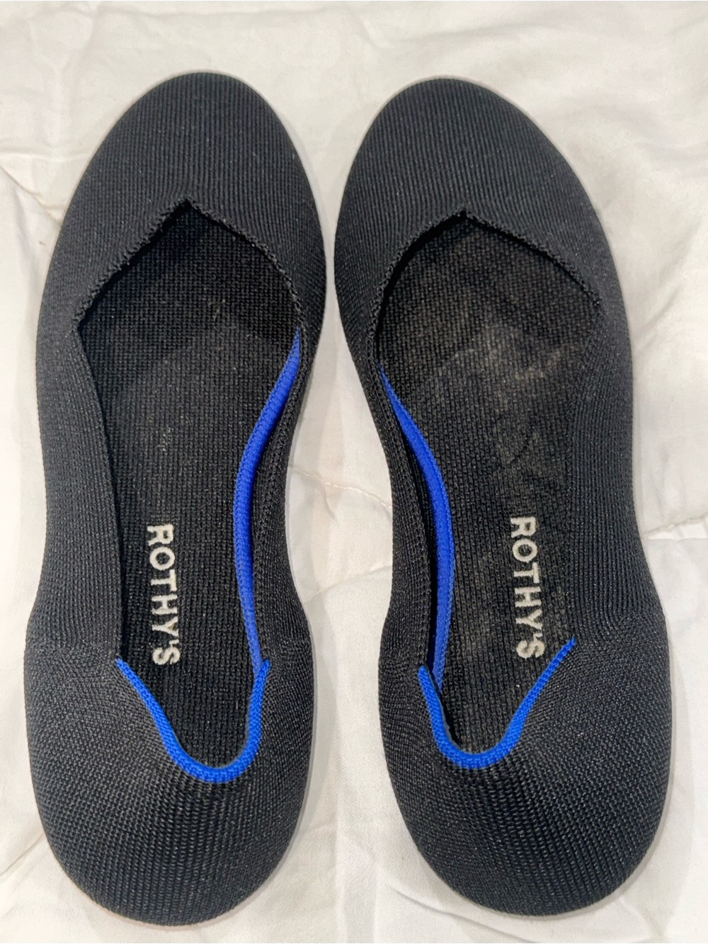 Rothy's Black Knit Round Toe Ballet Flats with Royal Blue Trim Size 10.5